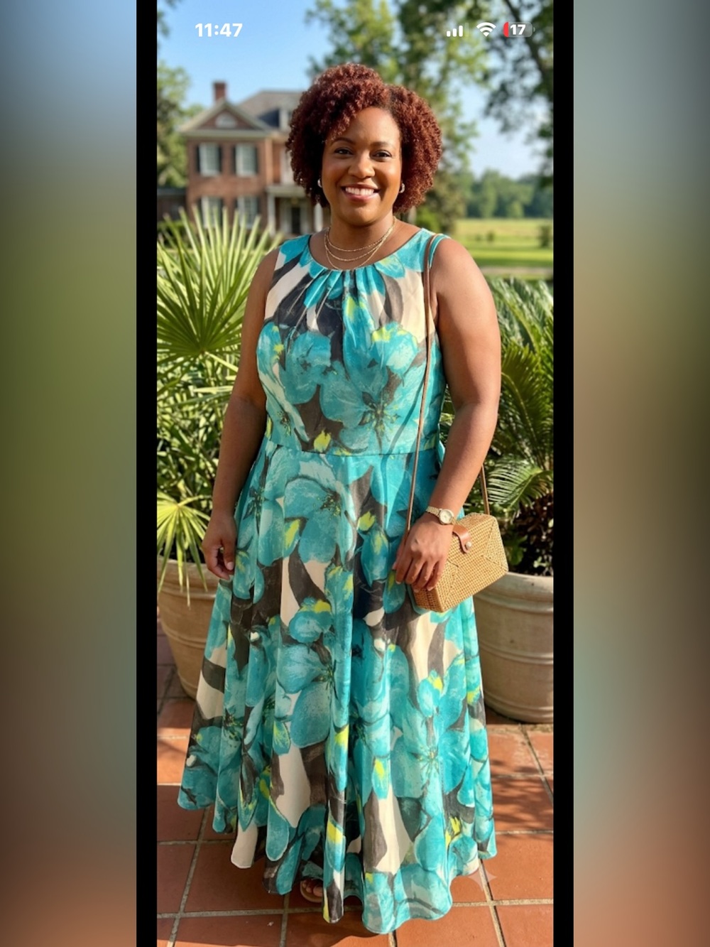 Jessica Howard Turquoise Floral Pleated Neck Maxi Dress